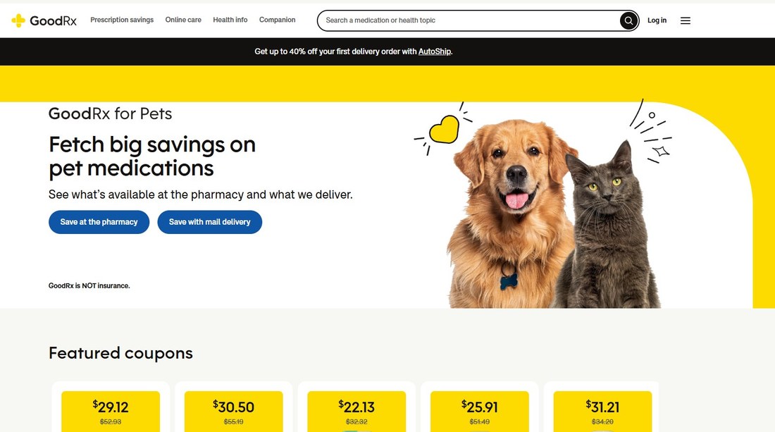 GoodRx for Pets homepage showing savings on pet medications