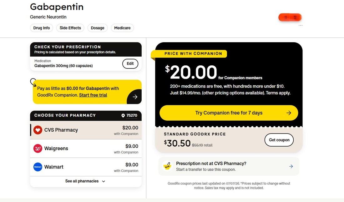 GoodRx price comparison for gabapentin across pharmacies