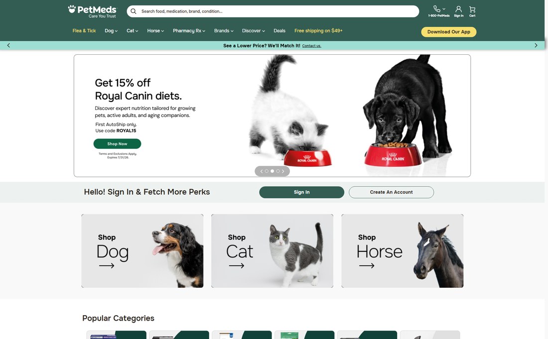 1-800-PetMeds homepage with pet medication savings