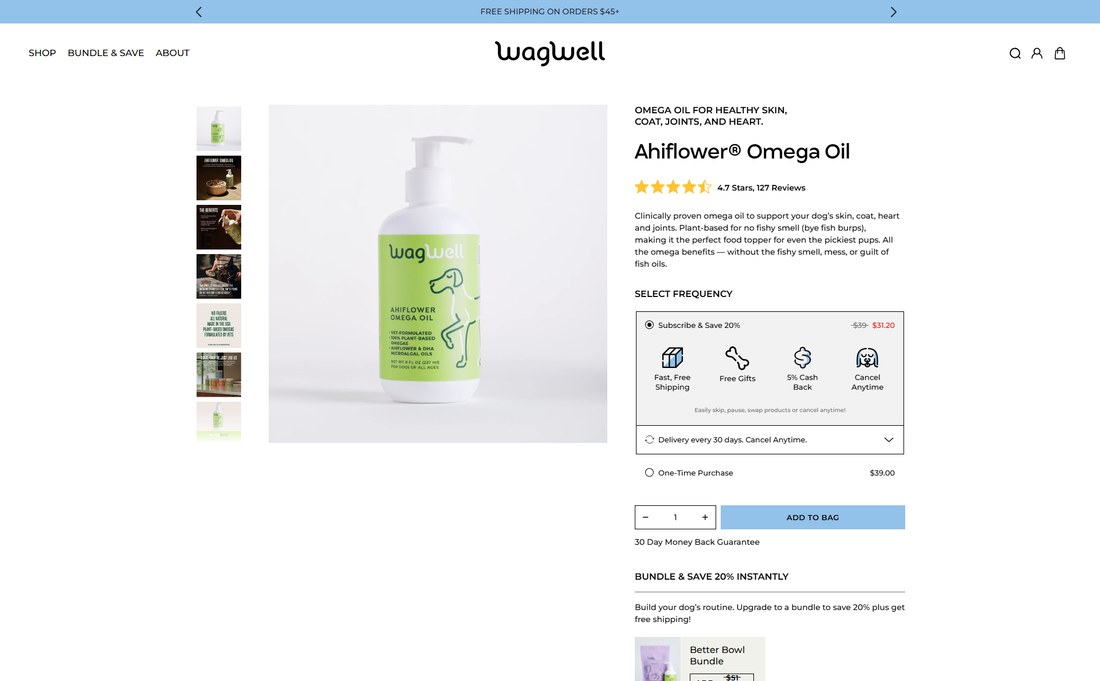 WagWell Ahiflower Omega Oil product page showing the pump bottle and pricing